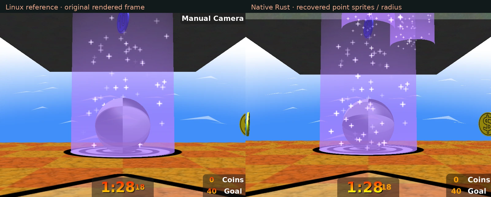 Original Linux Neverball and native Rust during the same Easytele jump input frame