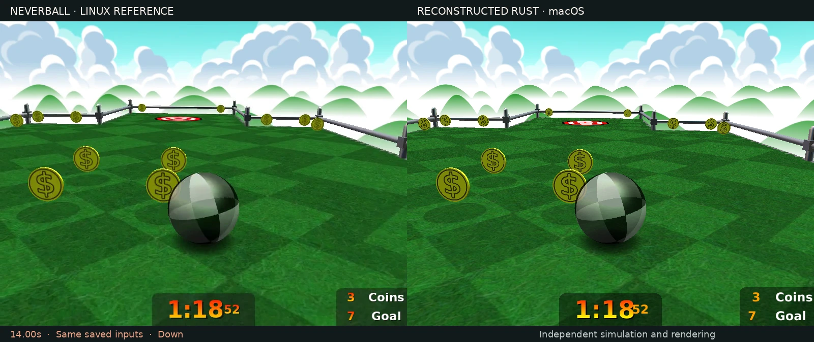 Neverball and the Rust reconstruction running side by side