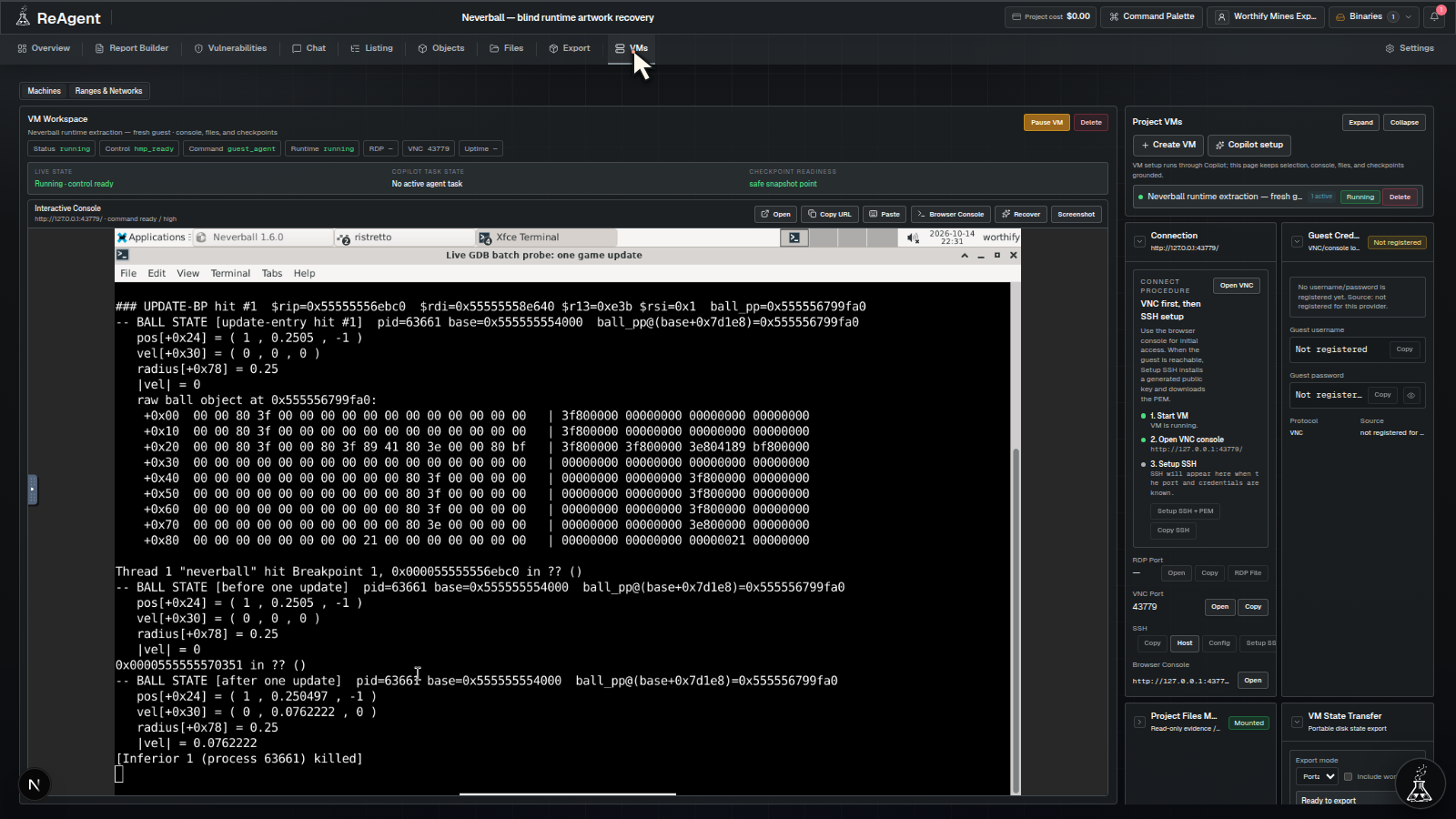 Full ReAgent VM workspace after executing the scripted GDB probe, showing raw ball-state bytes and position, velocity and radius before and after one update.