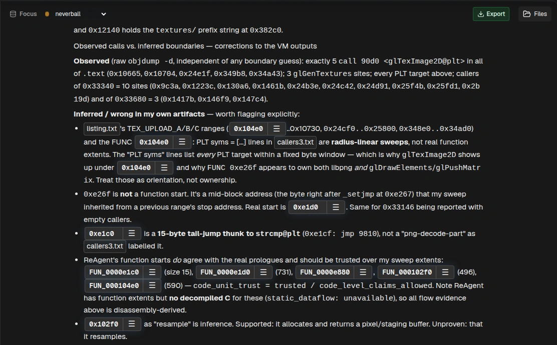 Actual ReAgent chat distinguishing observed texture-upload calls from incorrectly inferred function boundaries