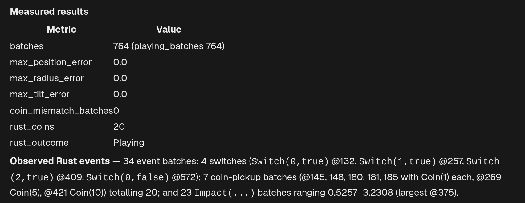 Actual ReAgent chat displays measured Rust comparison results and switch, coin and impact events